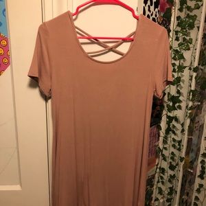 Flowy, mauve dress with cross back detailing.